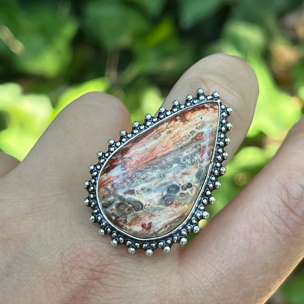 Size 8.25 925‎ silver plated leopard skin jasper ring